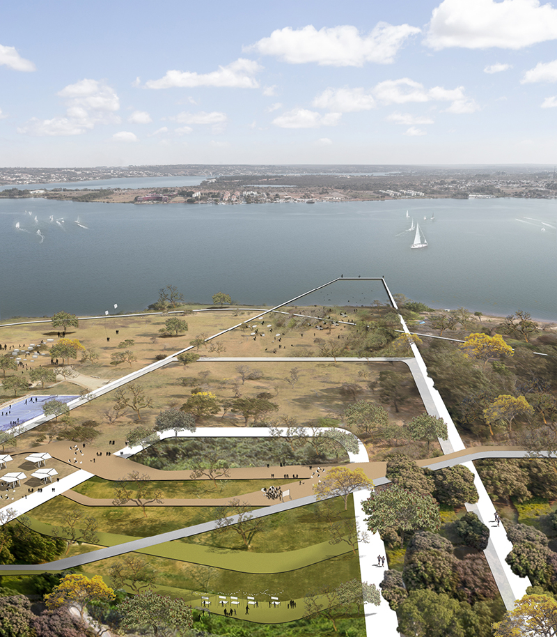 A imagem do projeto do parque, que busca representar o real, é uma vista aérea no qual está representada uma longa pista de caminhada e corrida, que avança sobre a água com uma bela vista para o lago e uma paisagem típica do cerrado.