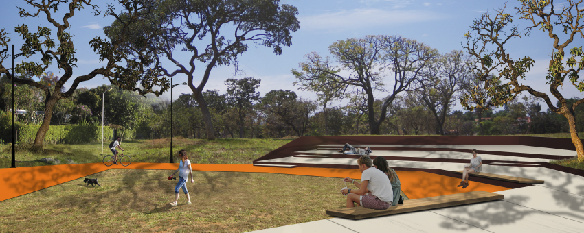 A imagem do projeto do parque, que busca representar o real, destaca um anfiteatro, que compreende uma arquibancada no formato de um círculo para apresentações ao ar livre.