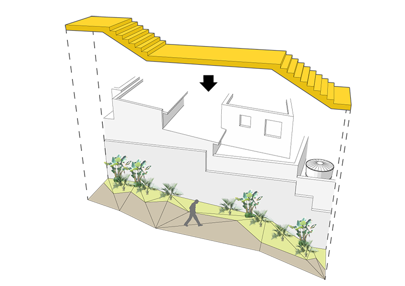 Desenho esquemático que ilustra uma viela sem pavimentação e, destacado, sobre ela, em amarelo a possibilidade de implantação de uma escada em concreto.