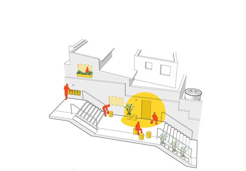 Desenho esquemático que ilustra uma viela tratada com as propostas do projeto. O acesso a casa é destacado por um círculo amarelo, há bancos, escorregadores na escada, corrimão e lixeiras. Todos os elementos de projeto estão destacados em cores quentes sobre a base cinza.
