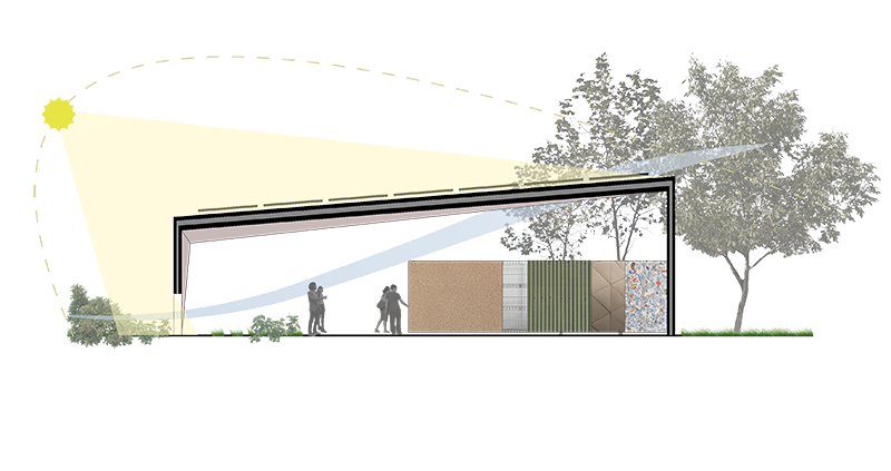 Corte técnico de uma das edificações menores, que demonstra como a edificação é ventilada naturalmente pela sua lateral e pela cobertura.