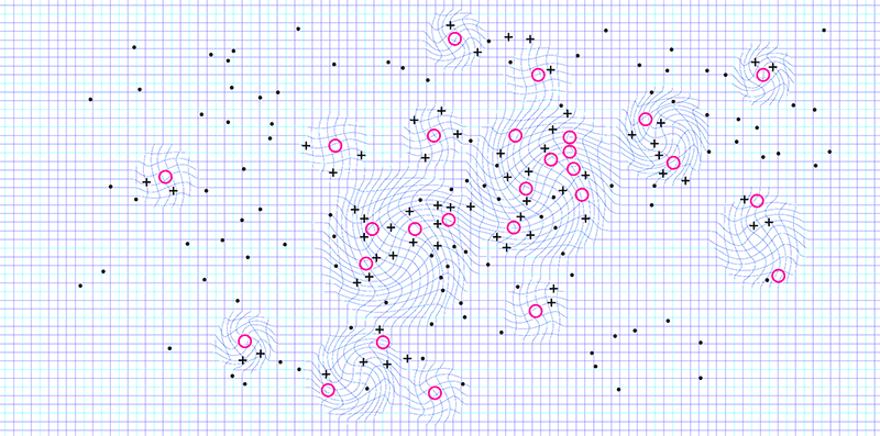Infográfico conceitual que ilustra a distribuição dos gasômetros pela cidade e como a intervenção pontual pode movimentar os arredores. Na imagem, uma tela quadriculada é distorcida nos arredores dos pontos rosas que representam os gasômetros.
