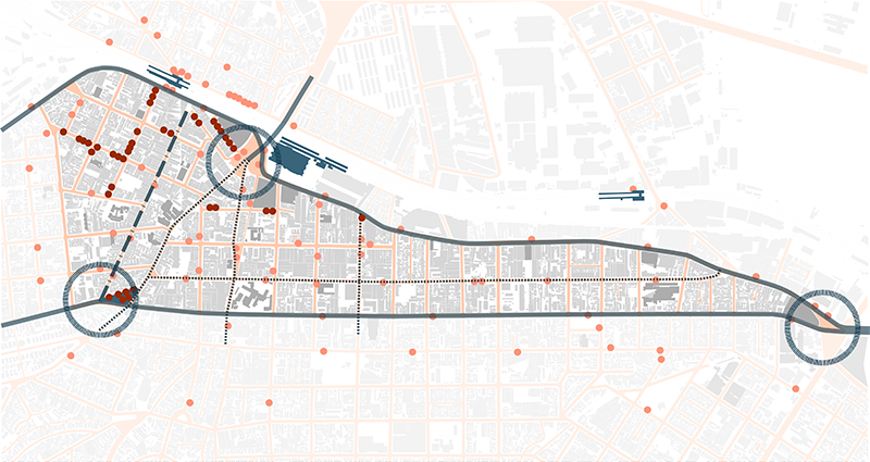 Mapa dos pontos de ônibus e terminais da área de intervenção do projeto. Os pontos se concentram nas proximidades do terminal Lapa.