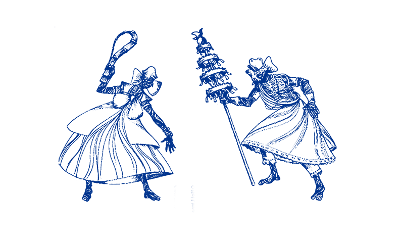 Dois desenhos em linhas azuis que representam os orixás Nanã e Oxalá. Nanã tem o rosto coberto e um vestido longo rodado, ela tem um braço levantado com um instrumento na mão e sua postura é levemente inclinada, como uma idosa. Oxalá tem o rosto coberto, calças curtas e um tecido enrolado no corpo, ele segura um grande mastro que apoia no chão, sua postura é levemente inclinada, como um idoso.