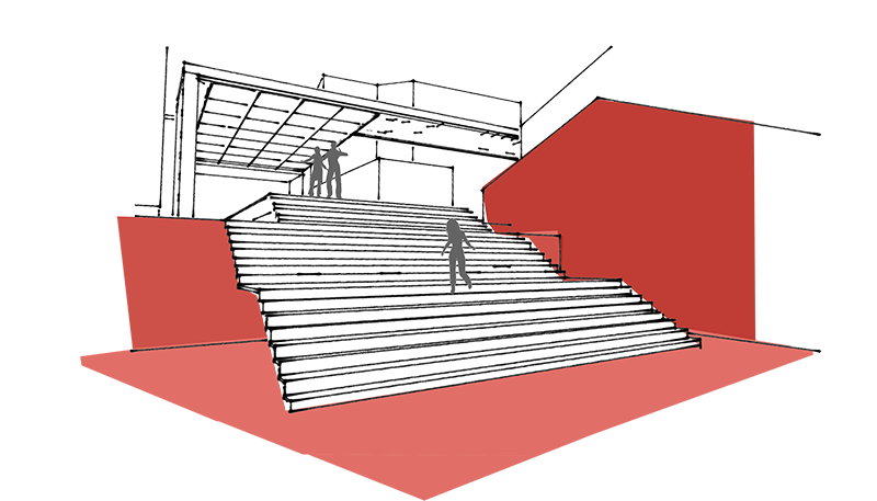 Perspectiva ilustrativa do acesso ao largo Tereza Batista, que possui piso e paredes pintados na cor vermelha e há uma grande escadaria que leva a parte mais alta onde observamos uma cobertura.