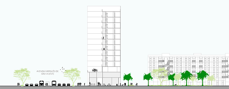 Imagem com corte técnico geral do conjunto habitacional, no qual vemos uma torre com 15 andares de frente para uma avenida com alto fluxo de carros e pessoas, algumas árvores em fila e um prédio mais baixo ao fundo. 