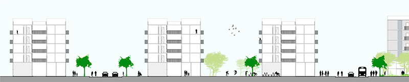 Imagem com corte técnico geral do conjunto habitacional, no qual vemos uma sequência de três prédios com cinco pavimentos, eles são intercalados por vias de carros e pedestres.