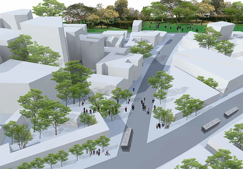Perspectiva ilustrativa em 3D que mostra de forma esquemática uma quadra típica da proposta. Os edifícios vão aumentando de gabarito conforme adentramos a quadra, há árvores permeando a quadra e ao fundo vemos uma área verde.