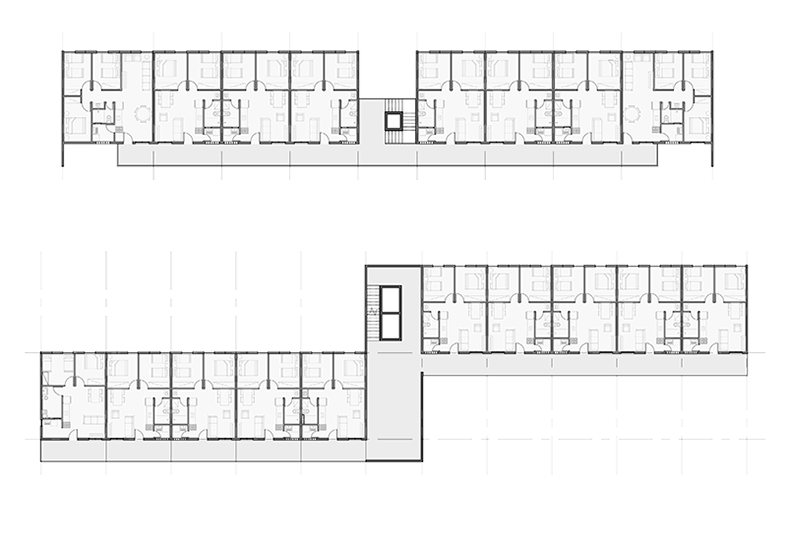 Sequência com duas plantas técnicas de um pavimento tipo de duas das torres propostas. A primeira é linear, tem oito apartamentos por andar e circulação por escada no centro. A segunda tem dez apartamentos por andar, cinco para cada lado, em corredores deslocados, no centro vemos a circulação, que é representada por escada e elevadores.