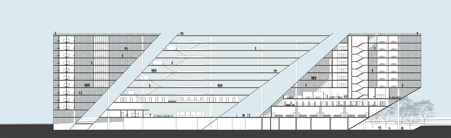 Corte transversal em desenho técnico que mostra os diversos níveis do novo prédio. São três grandes blocos separados por grandes vãos transversais inclinados. Uma estrutura de pilares verticais une os três blocos.
