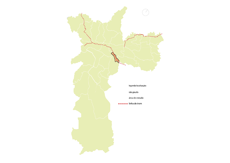 Mapa da cidade de São Paulo, no qual está identificada a área de intervenção, uma região na Mooca, e a linha de trem que corta esta área ao meio e segue até a zona norte do município.