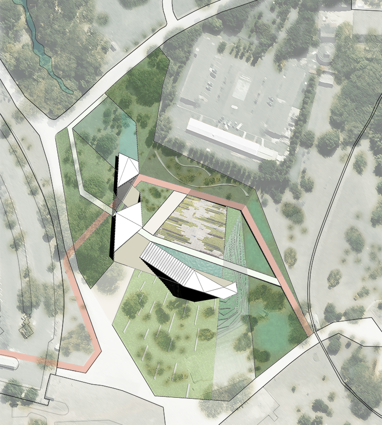 Desenho técnico de implantação da edificação. No desenho, as edificações estão locadas em forma de L, rodeadas por grandes áreas verdes.