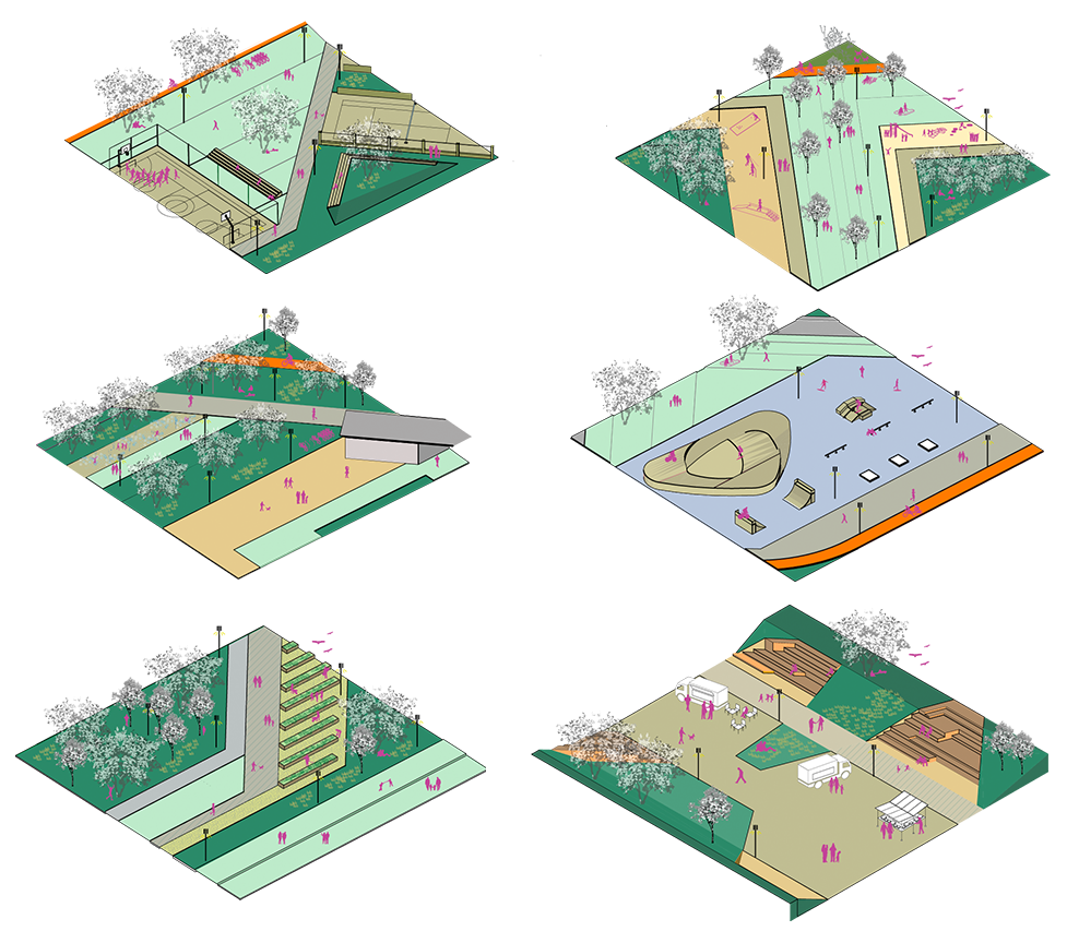 Sequência com seis perspectivas isométricas ilustrativas de áreas do parque. São apresentadas áreas com quadras, passeios, equipamentos e vegetação que seguem padrões comuns em parques urbanos.