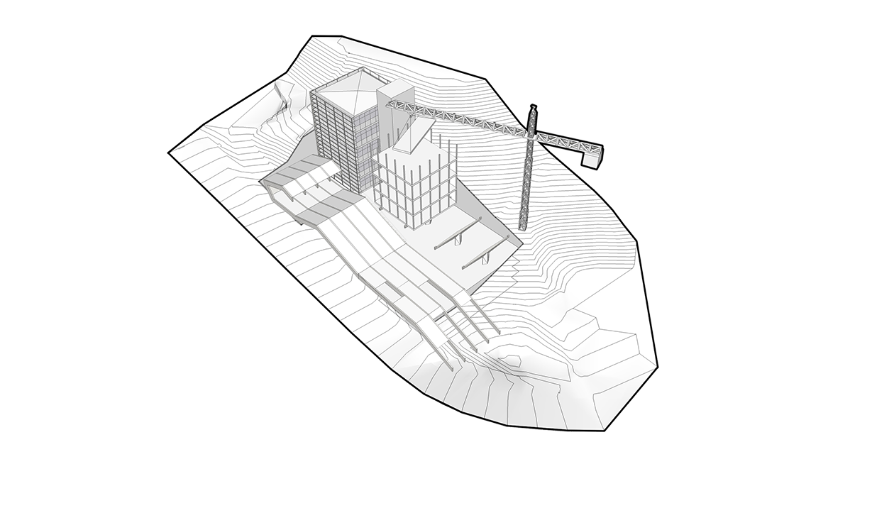 Infográfico em 3d que mostra uma grua construindo o novo prédio.