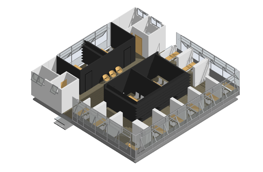 Perspectiva isométrica de um módulo do andar corporativo, na qual vemos grandes estantes pretas no núcleo que dividem o ambiente e formam salas de reuniões. Nas fachadas estão dispostos os postos de trabalho.