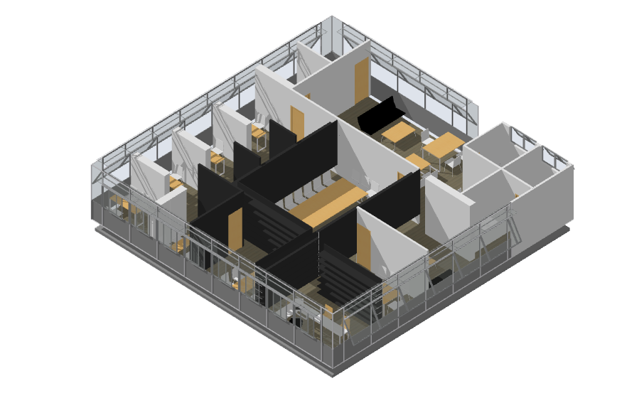 Perspectiva isométrica de um módulo do andar corporativo, na qual vemos grandes estantes pretas no núcleo, que dividem o ambiente e formam a sala de reuniões. Nas fachadas estão dispostos os postos de trabalho.