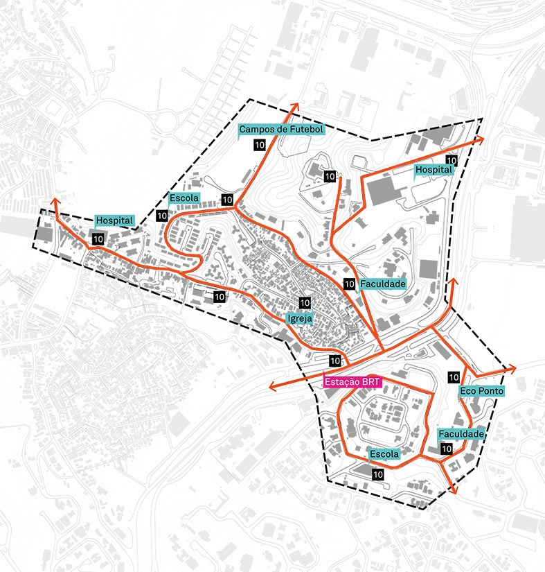 A imagem é um mapa da Comunidade da Polêmica, no qual destacamos, com linhas laranjas, as ruas que terão projeto de segurança viária.