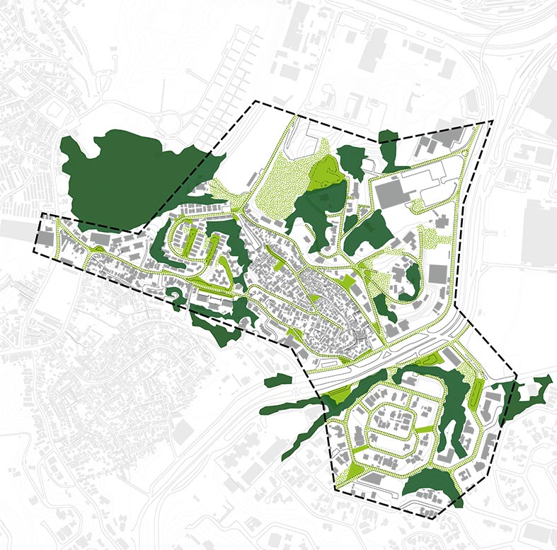 A imagem é um mapa da Comunidade da Polêmica, no qual destacamos, com manchas verde claro, as áreas verdes que deverão ser recuperadas e com mancha verde escuro onde deverão ser criadas novas áreas verdes.
