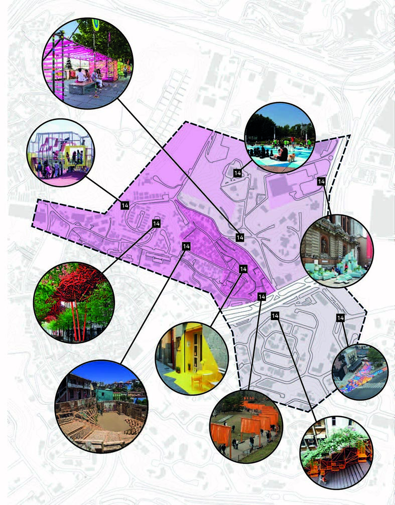 A imagem é um mapa da Comunidade da Polêmica, no qual destacamos, com um quadrado preto, as áreas que terão projeto com intervenção artística.