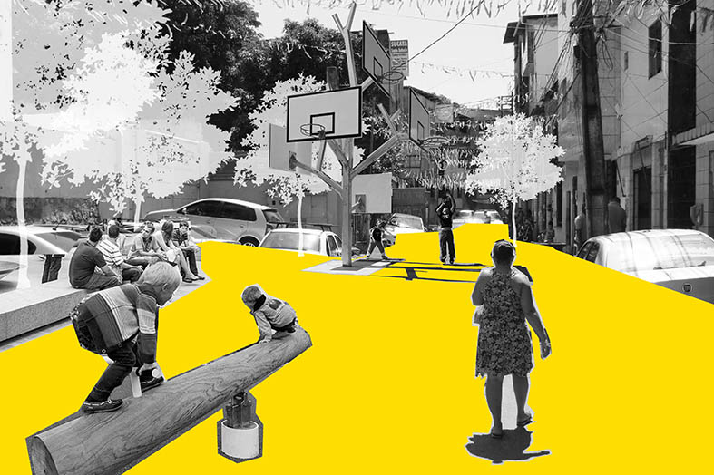 A imagem é uma montagem em cima de uma foto real de uma rua da Comunidade da Polêmica. A rua está pintada de amarelo e foi inserida a imagem de pessoas andando no meio da rua e na antiga área de estacionamento temos uma cesta de basquete, bancos e brinquedos.