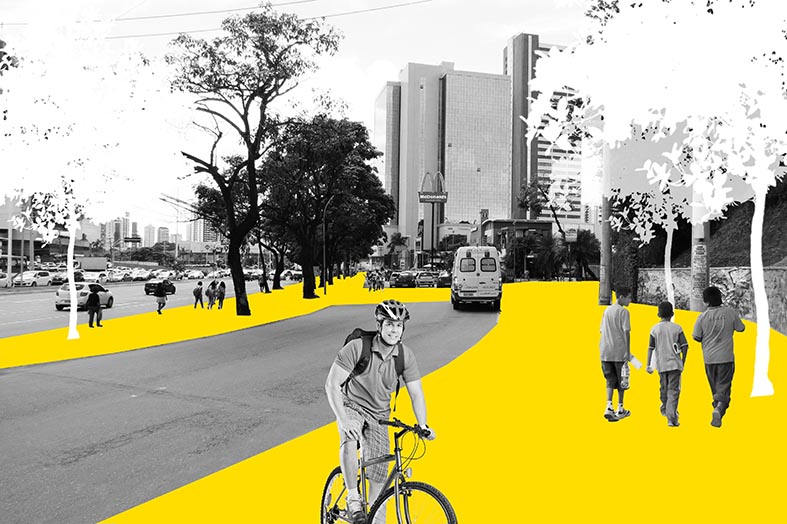 A imagem é uma montagem em cima de uma foto real de uma rua da Comunidade da Polêmica. A avenida tem a pista local pintada de amarelo e foi inserida a imagem de crianças andando e um homem numa bicicleta andando sobre o espaço desenhado em amarelo, que é bem mais espaçoso que espaço existente para pedestres.