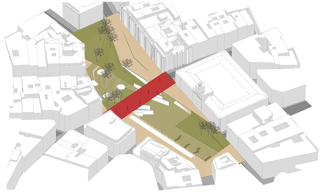 Perspectiva isométrica que mostra uma vista aérea da proposta para a praça. Vemos blocos brancos no entorno e o vazio entre eles, que conforma a praça. Ela tem grandes áreas verdes, áreas pavimentadas junto aos prédios e um grande plano vermelho que atravessa a área central, ligando duas vias principais.