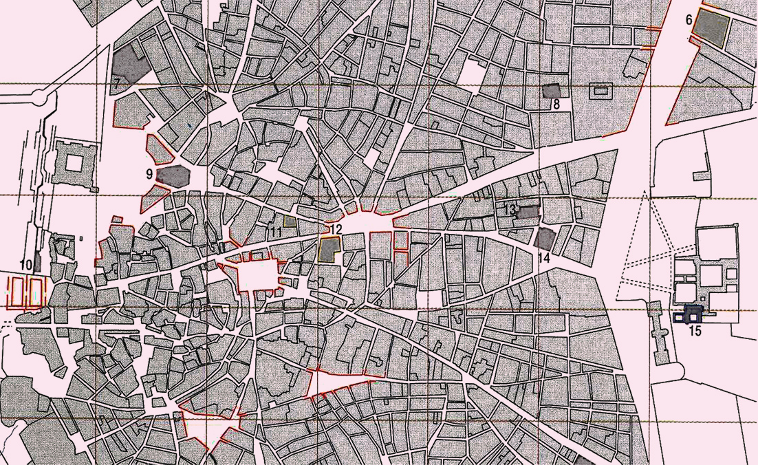Mapa das quadras ao redor da área de intervenção, no qual as ruas do entorno convergem para a praça, que tem formato de meia lua. O desenho da praça lembra um sol nascente.