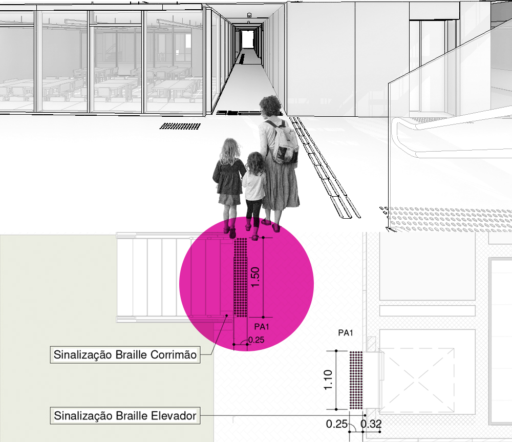 Montagem ilustrativa de um dos acessos da biblioteca, mostrando a aplicação do piso tátil, os usuários andando e uma planta técnica de arquitetura.
