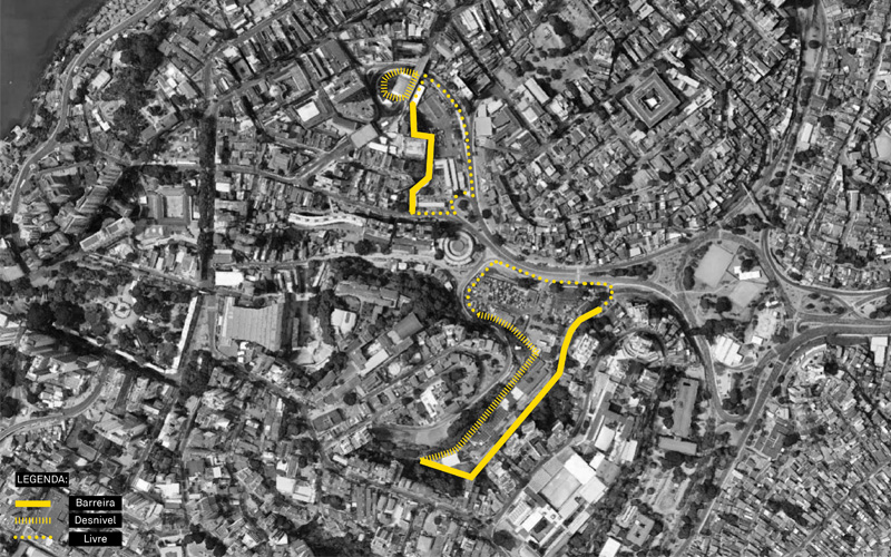 Sobre uma foto aérea em preto e branco, são marcadas as barreiras, em linha amarela contínua, os desníveis, em linha amarela riscada, e as passagens livres do entorno dos terrenos, em linha amarela pontilhada.